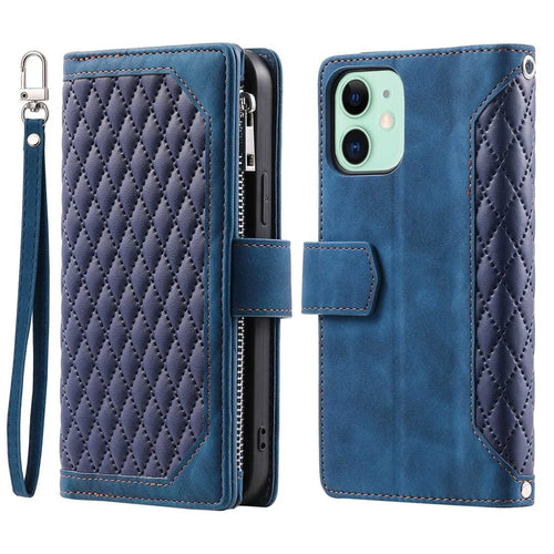 For iPhone 11 6.1 inch 005 Wallet Style Magnetic Closure Phone Cover Rhombus Grid Texture PU Leather Zipper Pocket Stand Case - Blue - 1
