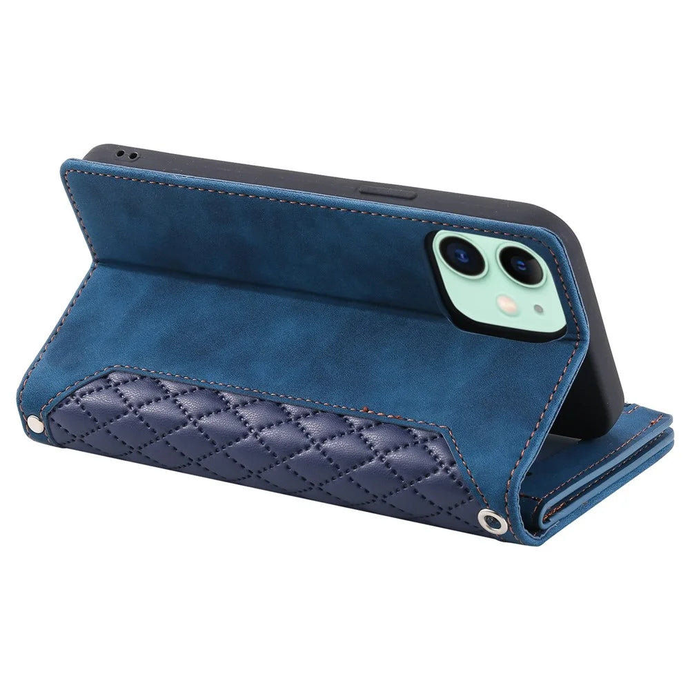For iPhone 11 6.1 inch 005 Wallet Style Magnetic Closure Phone Cover Rhombus Grid Texture PU Leather Zipper Pocket Stand Case - Blue - 3