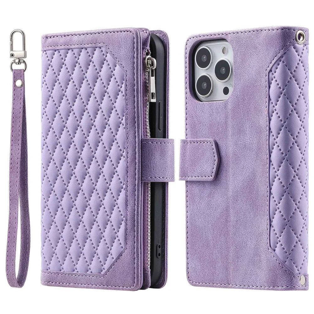 For iPhone 13 Pro 6.1 inch 005 Wallet Design Folio Flip Magnetic Phone Cover Rhombus Grid Texture PU Leather Zipper Pocket Stand Case - Purple - 1