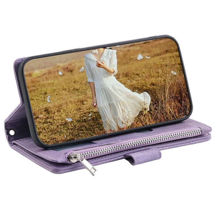 For iPhone 13 Pro 6.1 inch 005 Wallet Design Folio Flip Magnetic Phone Cover Rhombus Grid Texture PU Leather Zipper Pocket Stand Case - Purple - 2