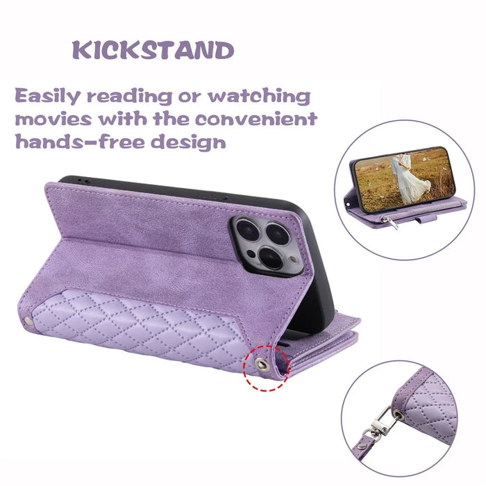 For iPhone 13 Pro 6.1 inch 005 Wallet Design Folio Flip Magnetic Phone Cover Rhombus Grid Texture PU Leather Zipper Pocket Stand Case - Purple - 5