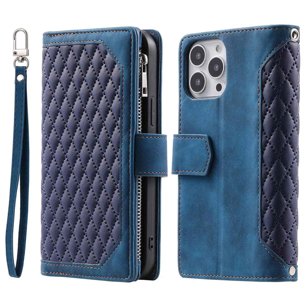 For iPhone 13 Pro Max 6.7 inch 005 Leather Cell Phone Case Bag Rhombus Grid Textured Zipper Pocket Stand Wallet Phone Shell with Strap - Blue - 1