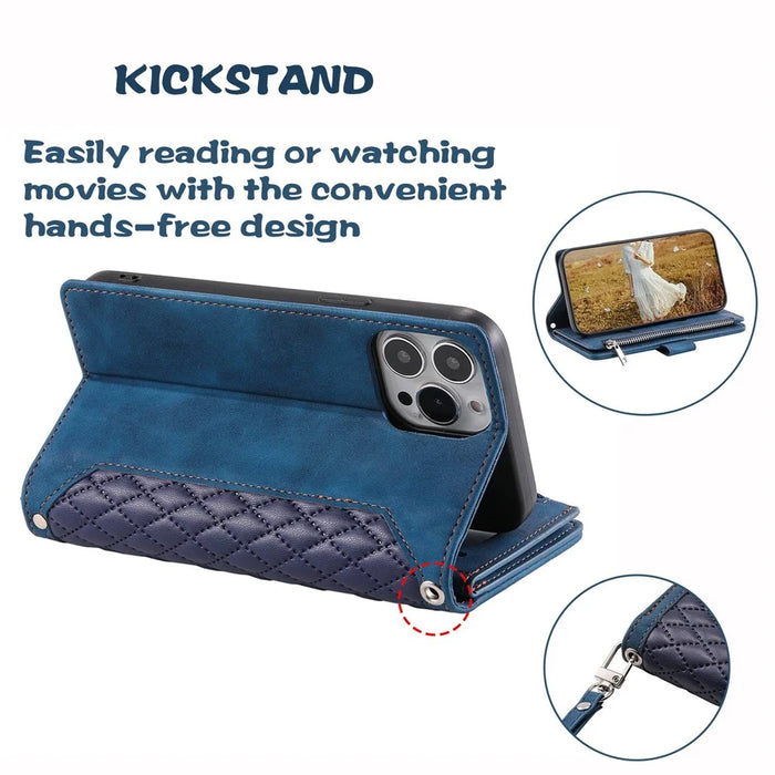 For iPhone 13 Pro Max 6.7 inch 005 Leather Cell Phone Case Bag Rhombus Grid Textured Zipper Pocket Stand Wallet Phone Shell with Strap - Blue - 6