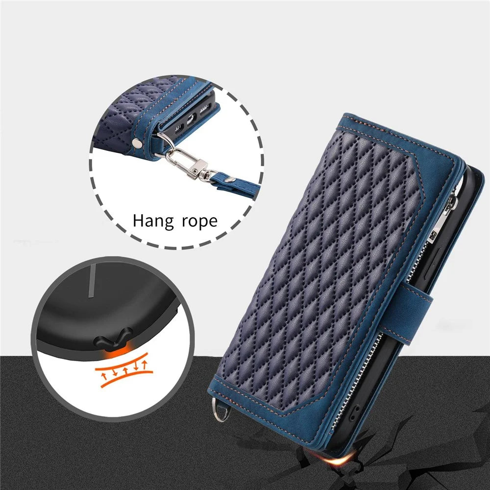 For iPhone 12 Pro Max 6.7 inch 005 Rhombus Grid Textured Zipper Pocket PU Leather Stand Wallet Phone Cover with Strap - Blue - 7