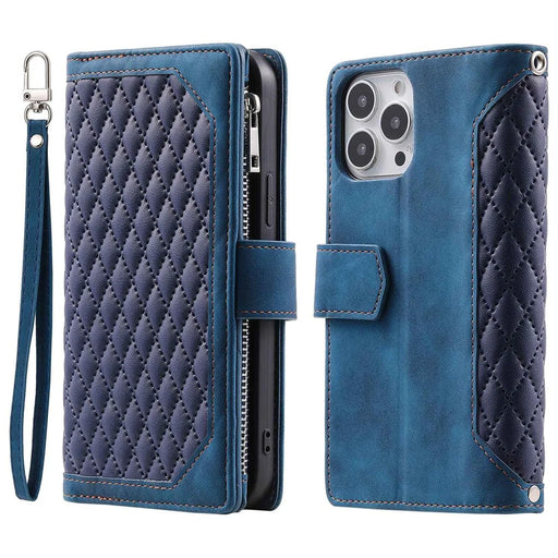 005 Rhombus Grid Textured PU Leather Phone Case for iPhone 14 Plus 6.7 inch, Zipper Pocket Stand Wallet Cover with Strap - Blue - 1