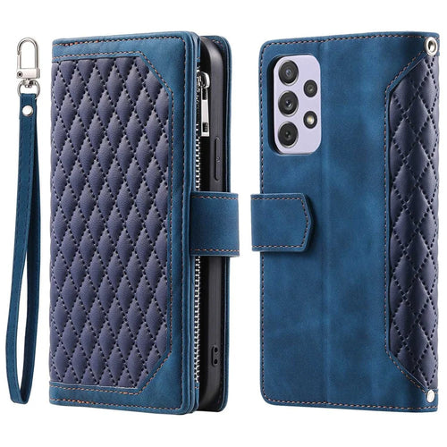 005 Phone Covering Shell for Samsung Galaxy A52s 5G  /  A52 5G / 4G, Rhombus Grid Textured PU Leather Phone Case Zipper Pocket Stand Wallet with Strap - Blue - 1