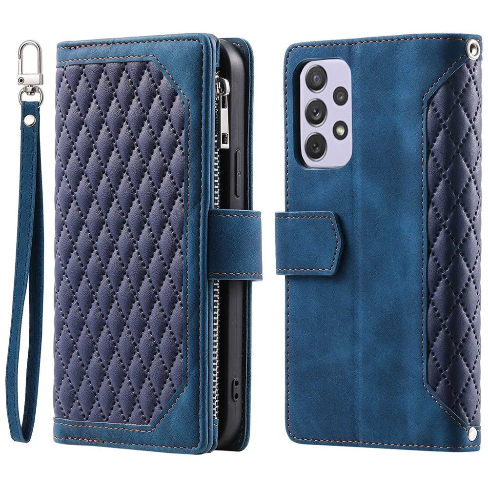 For Samsung Galaxy A33 5G 005 Anti-scratch Rhombus Grid Texture PU Leather Zipper Pocket Stand Wallet Phone Case Shell - Blue - 1