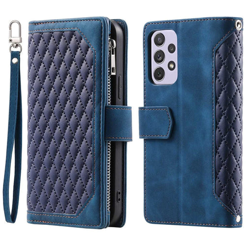 For Samsung Galaxy A33 5G 005 Anti-scratch Rhombus Grid Texture PU Leather Zipper Pocket Stand Wallet Phone Case Shell - Blue - 1