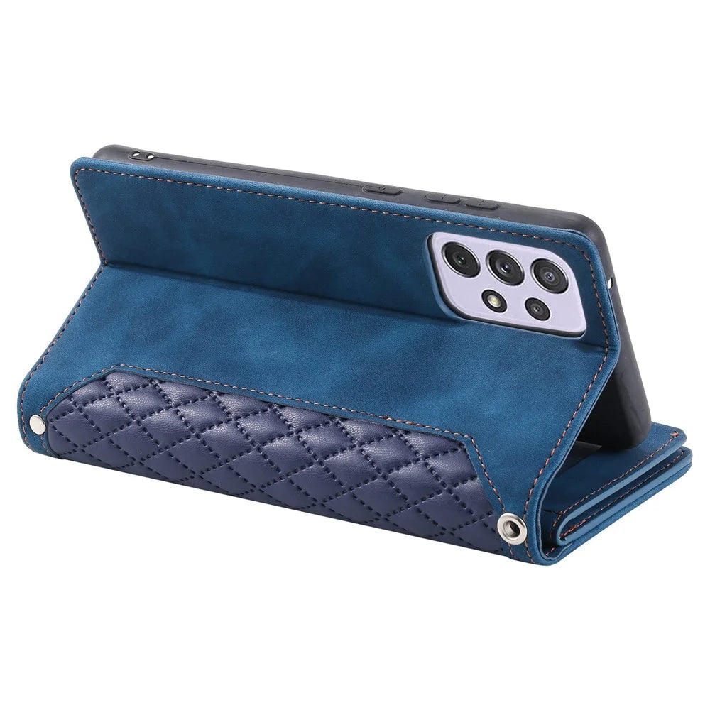 For Samsung Galaxy A33 5G 005 Anti-scratch Rhombus Grid Texture PU Leather Zipper Pocket Stand Wallet Phone Case Shell - Blue - 4