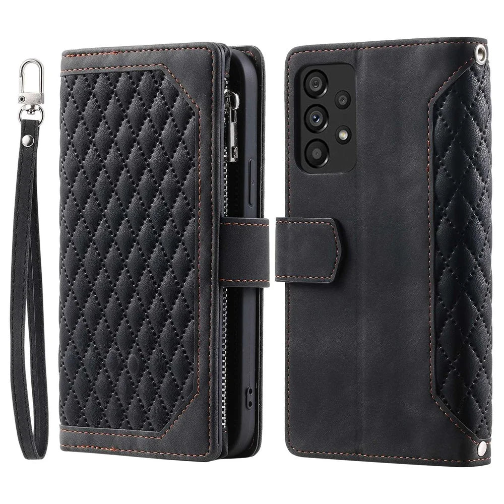 005 Style Phone Protective Cover for Samsung Galaxy A53 5G, Rhombus Texture PU Leather Zipper Pocket Stand Wallet Case with Wrist Strap - Black - 1