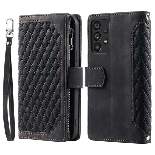 005 Style Phone Protective Cover for Samsung Galaxy A53 5G, Rhombus Texture PU Leather Zipper Pocket Stand Wallet Case with Wrist Strap - Black - 1