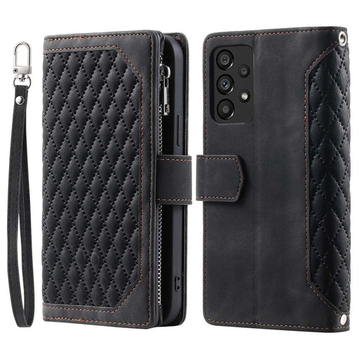 005 Style Phone Protective Cover for Samsung Galaxy A53 5G, Rhombus Texture PU Leather Zipper Pocket Stand Wallet Case with Wrist Strap - Black - 1