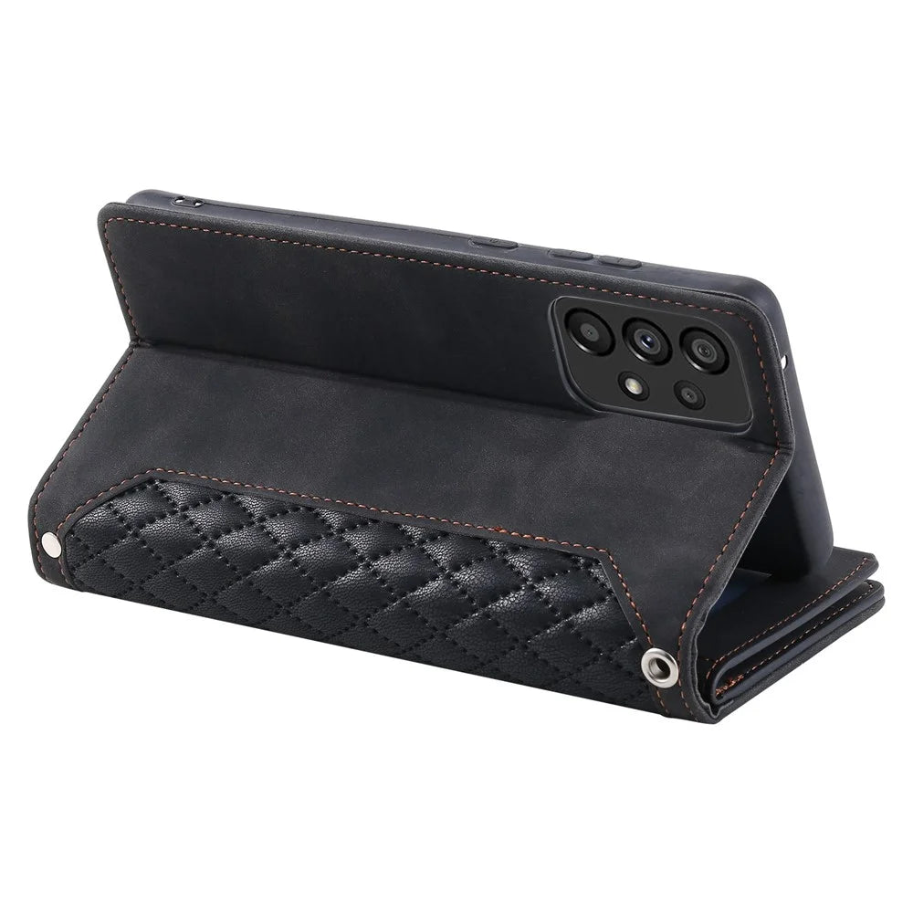 005 Style Phone Protective Cover for Samsung Galaxy A53 5G, Rhombus Texture PU Leather Zipper Pocket Stand Wallet Case with Wrist Strap - Black - 4