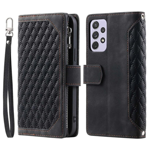 005 Style for Samsung Galaxy A72 4G / 5G Zipper Pocket Design Rhombus Texture Phone Cover PU Leather Stand Wallet Protective Case with Wrist Strap - Black - 1
