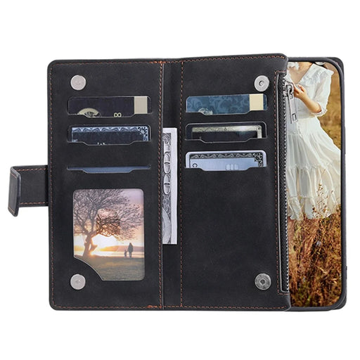 005 Style for Samsung Galaxy A72 4G / 5G Zipper Pocket Design Rhombus Texture Phone Cover PU Leather Stand Wallet Protective Case with Wrist Strap - Black - 2