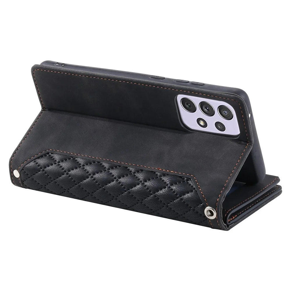 005 Style for Samsung Galaxy A72 4G / 5G Zipper Pocket Design Rhombus Texture Phone Cover PU Leather Stand Wallet Protective Case with Wrist Strap - Black - 4