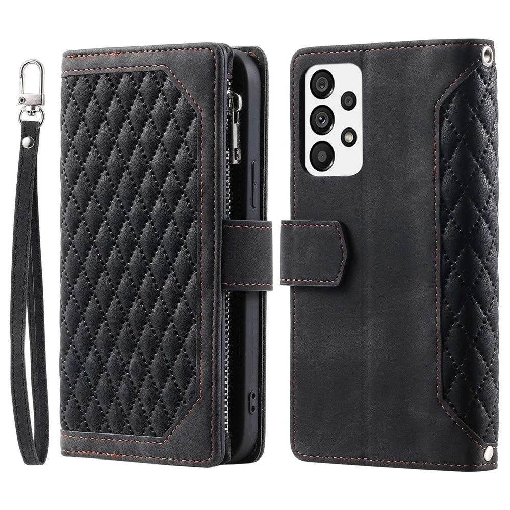 005 Style for Samsung Galaxy A73 5G Rhombus Texture Smartphone Cover PU Leather Zipper Pocket Stand Wallet Drop-proof Case with Strap - Black - 1