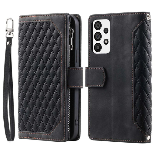 005 Style for Samsung Galaxy A23 5G (Global Version) / 4G Rhombus Texture Phone Full-protection Cover PU Leather Zipper Pocket Stand Wallet Case with Strap - Black - 1