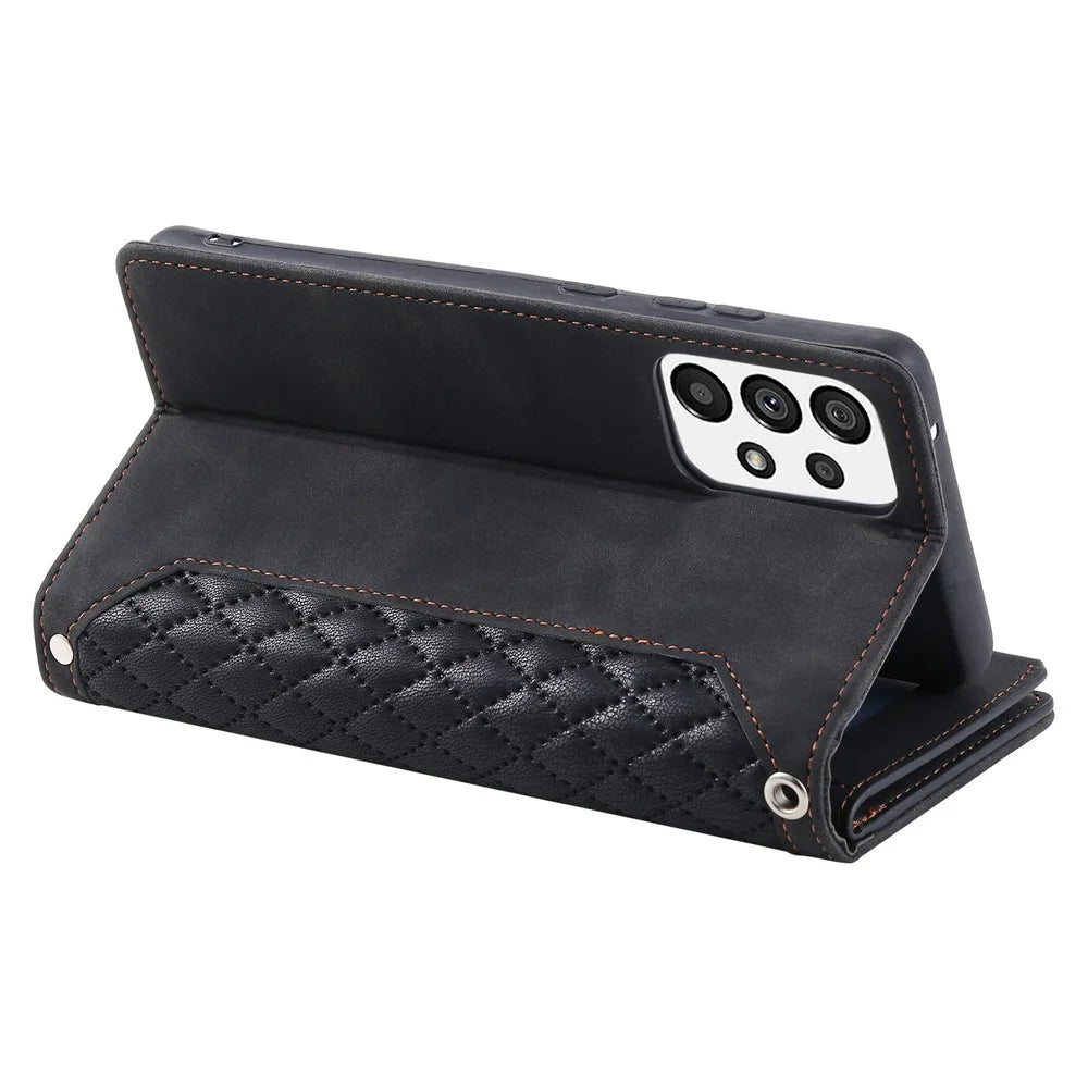005 Style for Samsung Galaxy A23 5G (Global Version) / 4G Rhombus Texture Phone Full-protection Cover PU Leather Zipper Pocket Stand Wallet Case with Strap - Black - 4