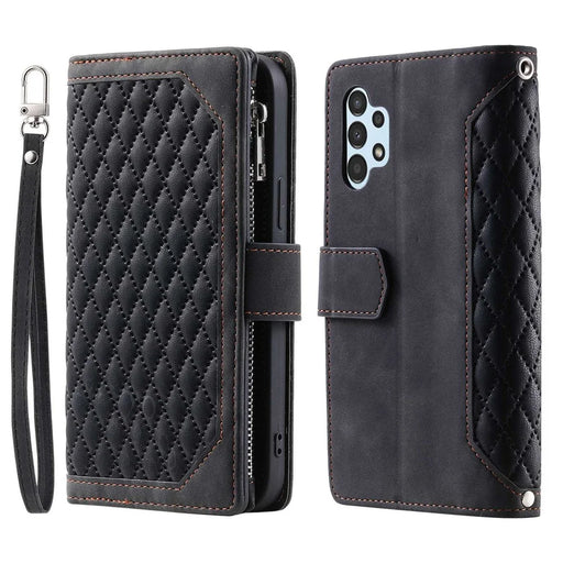 005 Style for Samsung Galaxy A32 5G / M32 5G Zipper Pocket Design Phone Stand Wallet PU Leather Cover Rhombus Texture Protective Case Shell with Strap - Black - 1