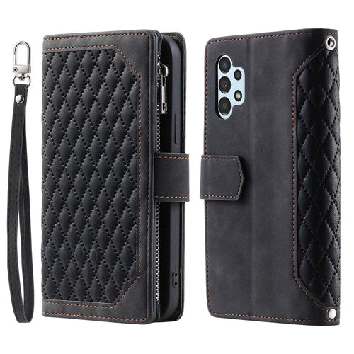 For Samsung Galaxy A13 4G / 5G / A04s 4G (164.7mm) PU Leather Zipper Pocket Rhombus Texture Phone Stand Cover with Strap - Black - 1