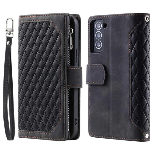 005 Style for Samsung Galaxy S22 5G Stylish Rhombus Texture PU Leather Phone Cover Zipper Pocket Card Cash Holder Shockproof Shell with Wrist Strap - Black - 1