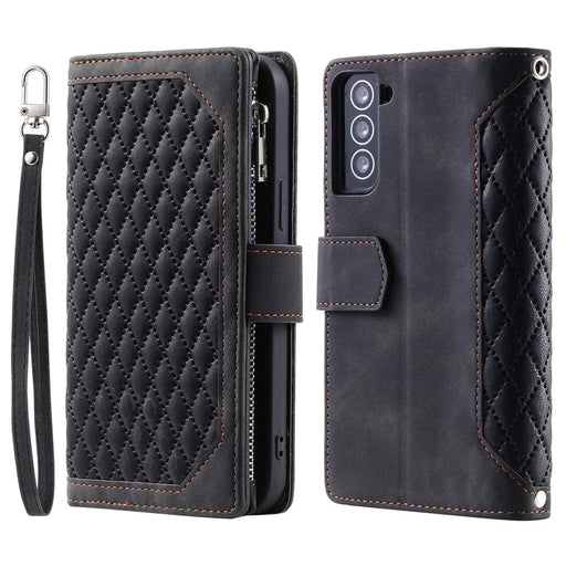 005 Style for Samsung Galaxy S22 5G Stylish Rhombus Texture PU Leather Phone Cover Zipper Pocket Card Cash Holder Shockproof Shell with Wrist Strap - Black - 1