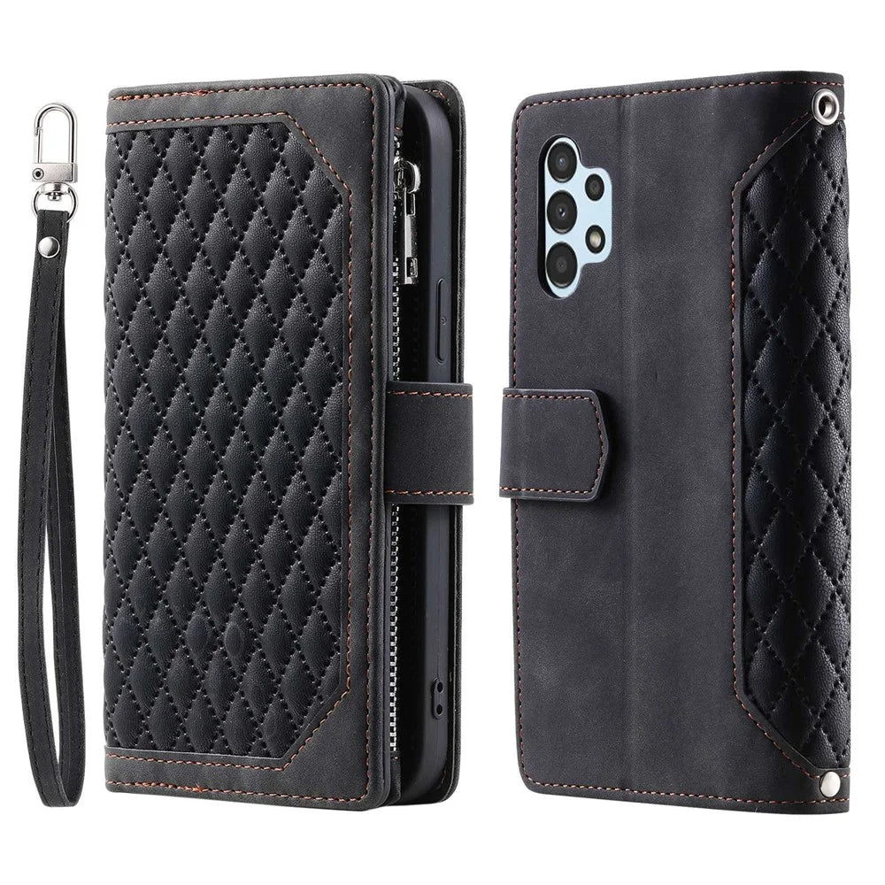005 Style for Samsung Galaxy A32 4G (EU Version) Rhombus Texture PU Leather Phone Shockproof Cover Zipper Pocket Stand Wallet Case with Wrist Strap - Black - 1