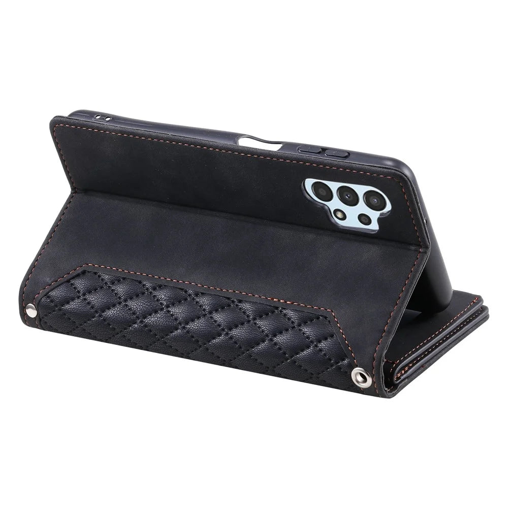 005 Style for Samsung Galaxy A32 4G (EU Version) Rhombus Texture PU Leather Phone Shockproof Cover Zipper Pocket Stand Wallet Case with Wrist Strap - Black - 4