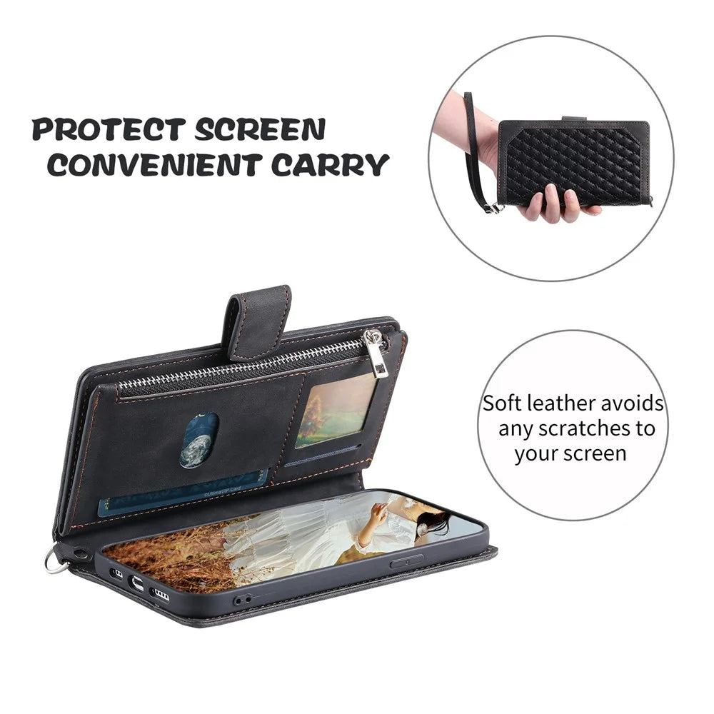 005 Style for Samsung Galaxy A32 4G (EU Version) Rhombus Texture PU Leather Phone Shockproof Cover Zipper Pocket Stand Wallet Case with Wrist Strap - Black - 6