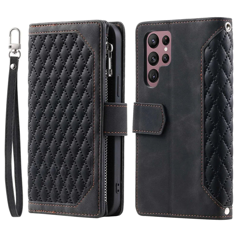 005 Style for Samsung Galaxy S22 Ultra 5G Rhombus Texture PU Leather Phone Wallet Stand Cover Zipper Pocket Design Anti-drop Case with Wrist Strap - Black - 1