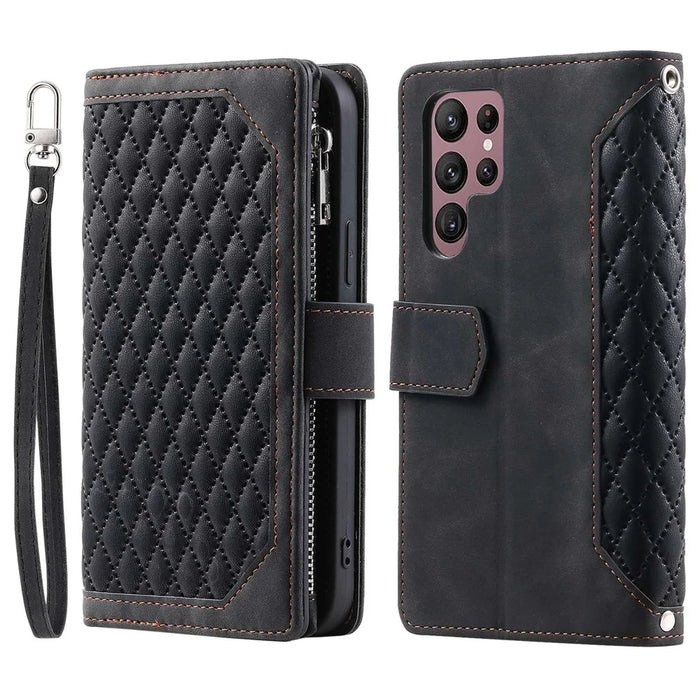 005 Style for Samsung Galaxy S22 Ultra 5G Rhombus Texture PU Leather Phone Wallet Stand Cover Zipper Pocket Design Anti-drop Case with Wrist Strap - Black - 1