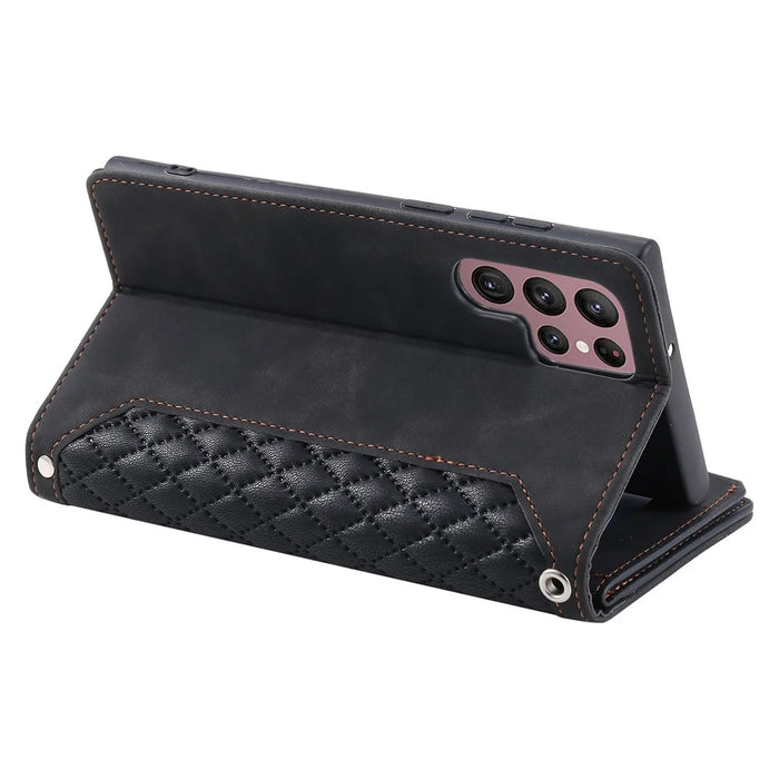005 Style for Samsung Galaxy S22 Ultra 5G Rhombus Texture PU Leather Phone Wallet Stand Cover Zipper Pocket Design Anti-drop Case with Wrist Strap - Black - 4