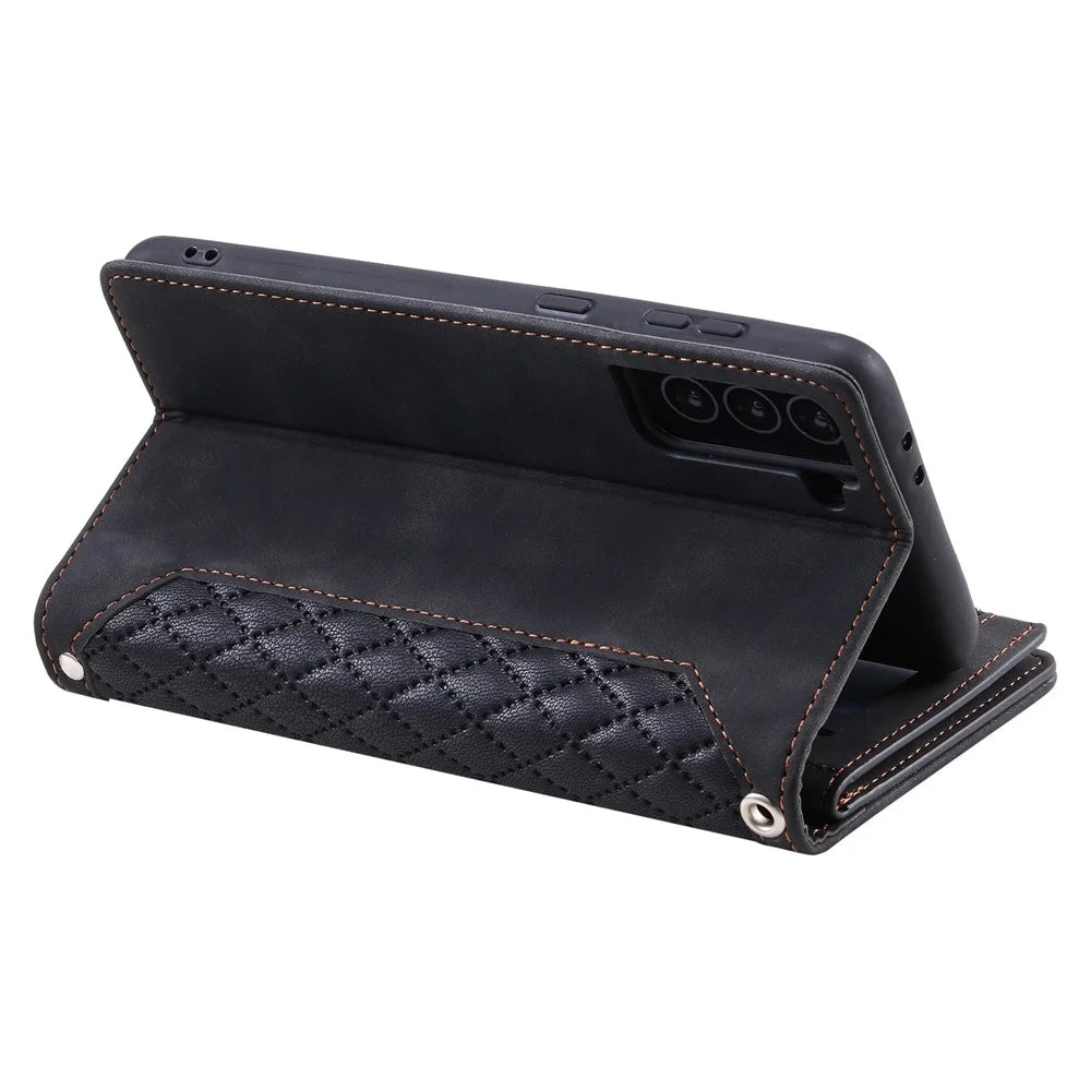005 Style for Samsung Galaxy S22+ 5G Zipper Pocket Design PU Leather Phone Drop-proof Cover Rhombus Texture Stand Wallet Case with Strap - Black - 4