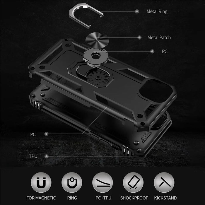 For iPhone 14 6.1 inch Military Grade Shockproof TPU + PC Kickstand Phone Case Protector with Car Mount Metal Sheet - Black - 4