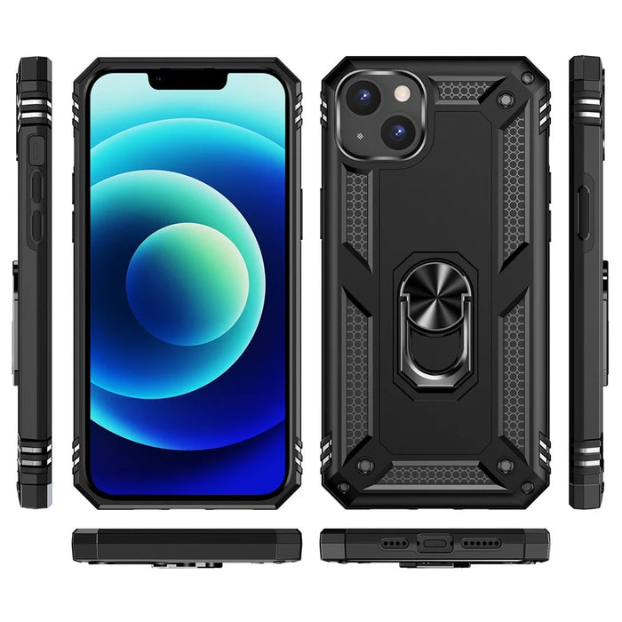 For iPhone 14 6.1 inch Military Grade Shockproof TPU + PC Kickstand Phone Case Protector with Car Mount Metal Sheet - Black - 7