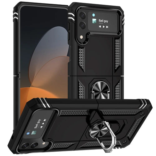 For Samsung Galaxy Z Flip4 5G Military Grade Protection Phone Case TPU + PC Kickstand Cover with Built-in Metal Sheet - Black - 1