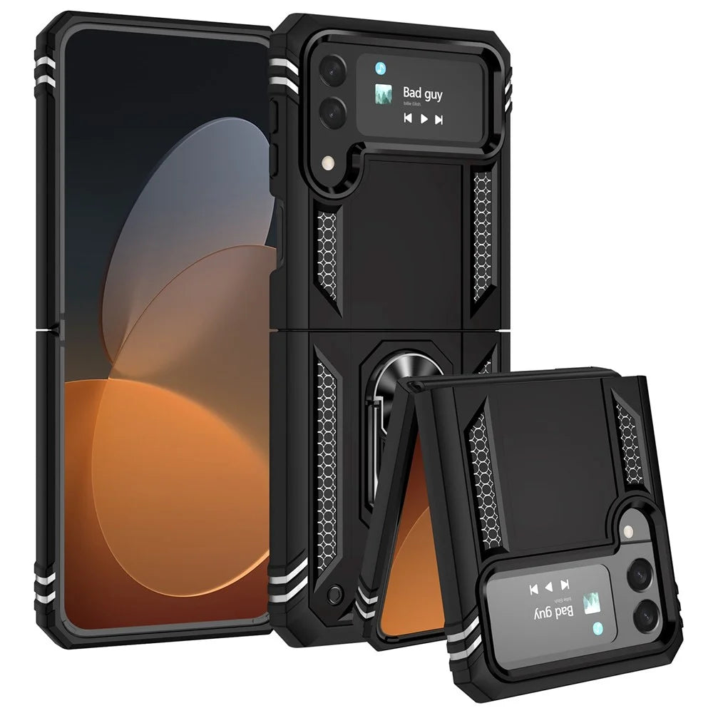 For Samsung Galaxy Z Flip4 5G Military Grade Protection Phone Case TPU + PC Kickstand Cover with Built-in Metal Sheet - Black - 2