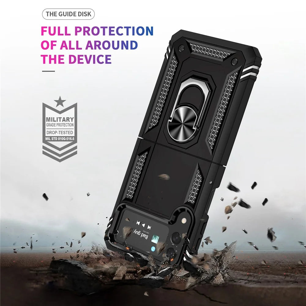 For Samsung Galaxy Z Flip4 5G Military Grade Protection Phone Case TPU + PC Kickstand Cover with Built-in Metal Sheet - Black - 3