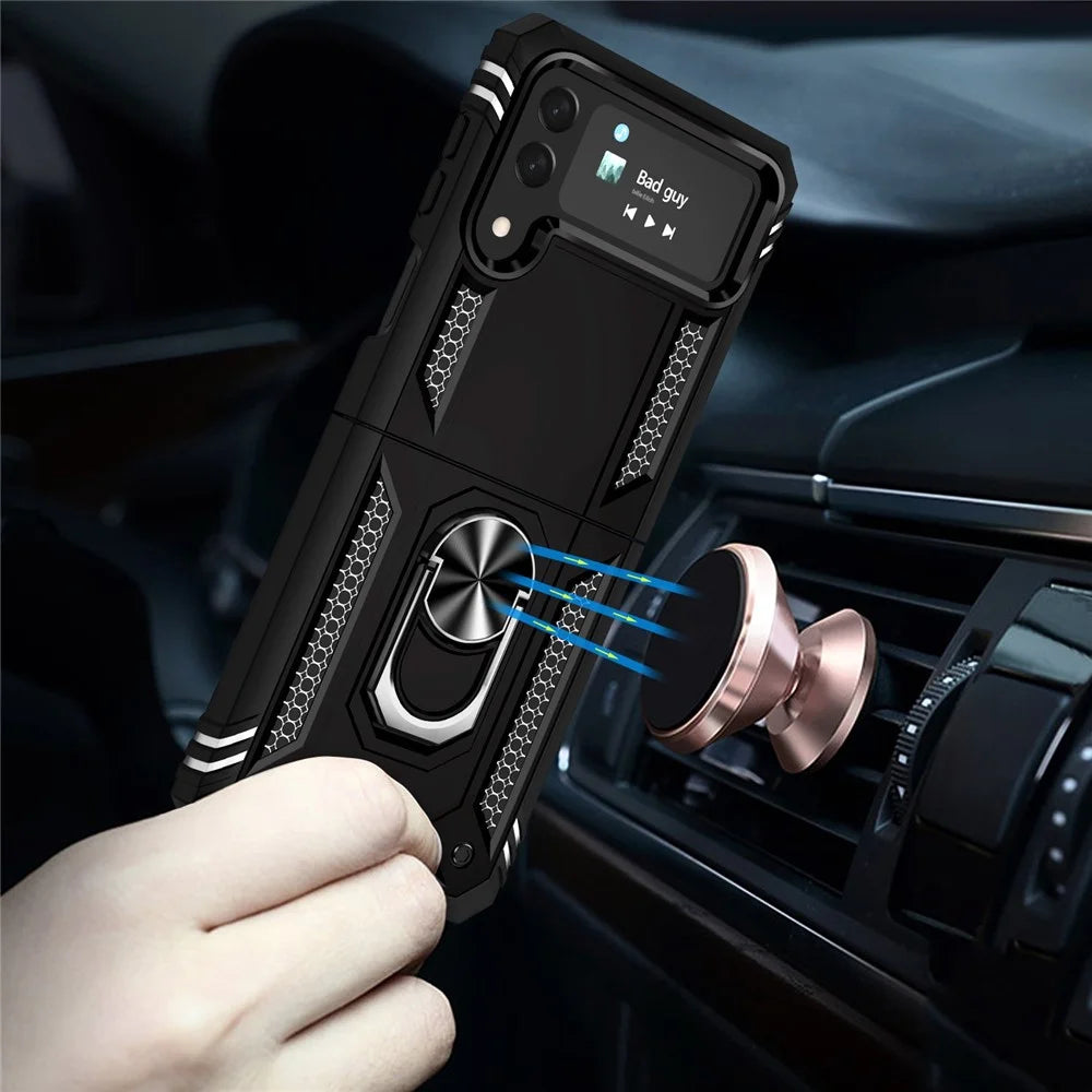 For Samsung Galaxy Z Flip4 5G Military Grade Protection Phone Case TPU + PC Kickstand Cover with Built-in Metal Sheet - Black - 4