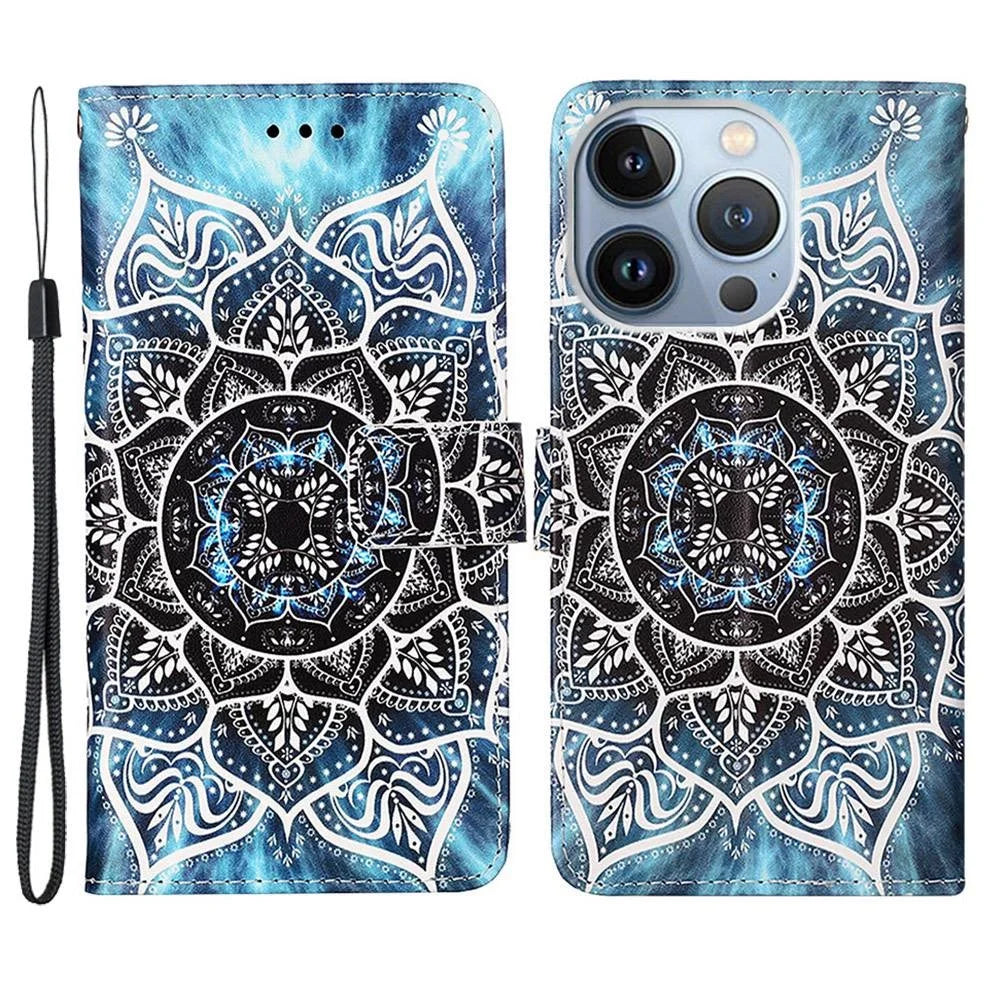 For iPhone 14 Pro Leather Case with Strap and Card Holder Pattern Printing Phone Stand Cover - Mandala Flower - 1