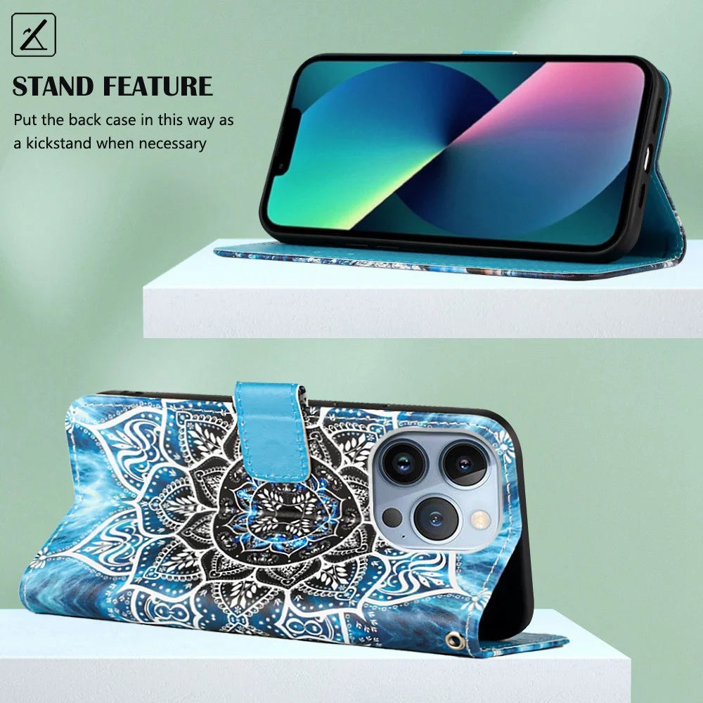 For iPhone 14 Pro Leather Case with Strap and Card Holder Pattern Printing Phone Stand Cover - Mandala Flower - 3