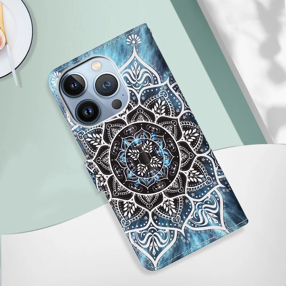 For iPhone 14 Pro Leather Case with Strap and Card Holder Pattern Printing Phone Stand Cover - Mandala Flower - 4