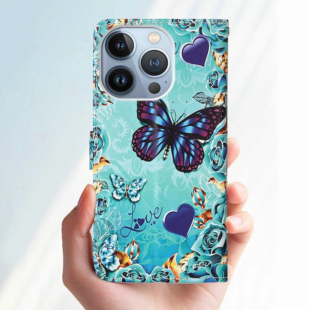 For iPhone 14 Pro Leather Case with Strap and Card Holder Pattern Printing Phone Stand Cover - Mandala Flower - 5