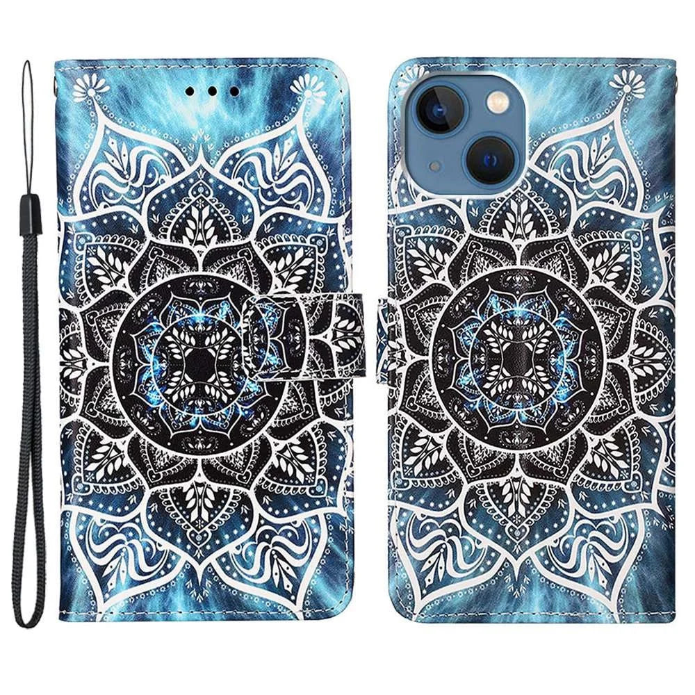 For iPhone 14 Leather Case with Strap and Card Holder Pattern Printing Phone Stand Cover - Mandala Flower - 1