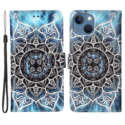 For iPhone 14 Leather Case with Strap and Card Holder Pattern Printing Phone Stand Cover - Mandala Flower - 1