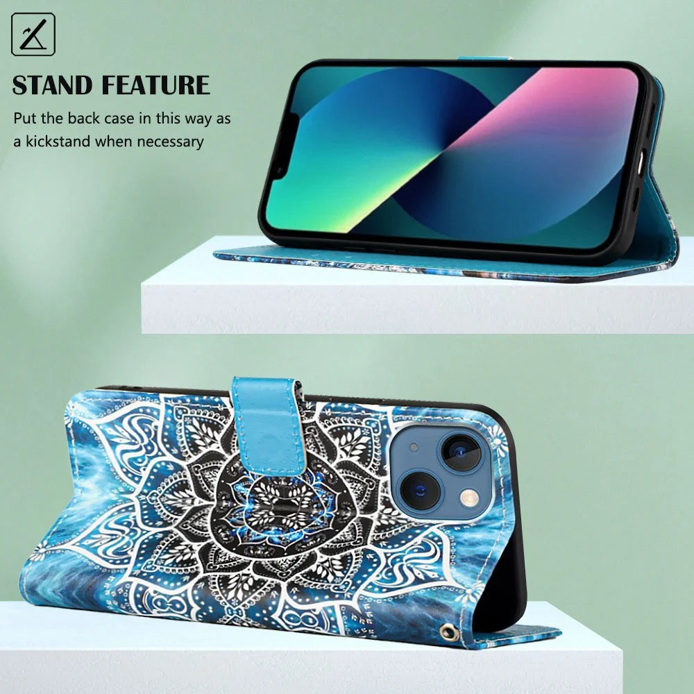 For iPhone 14 Leather Case with Strap and Card Holder Pattern Printing Phone Stand Cover - Mandala Flower - 3