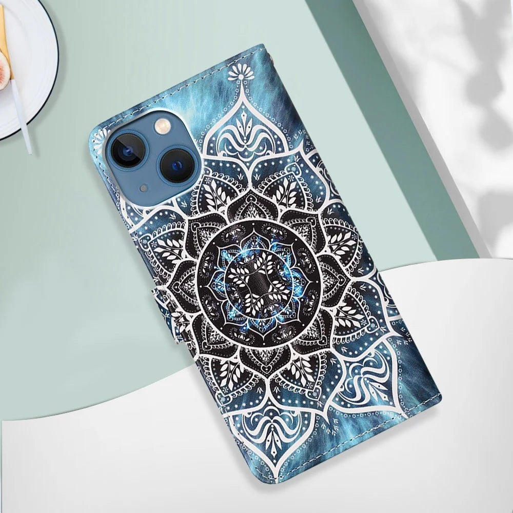 For iPhone 14 Leather Case with Strap and Card Holder Pattern Printing Phone Stand Cover - Mandala Flower - 4