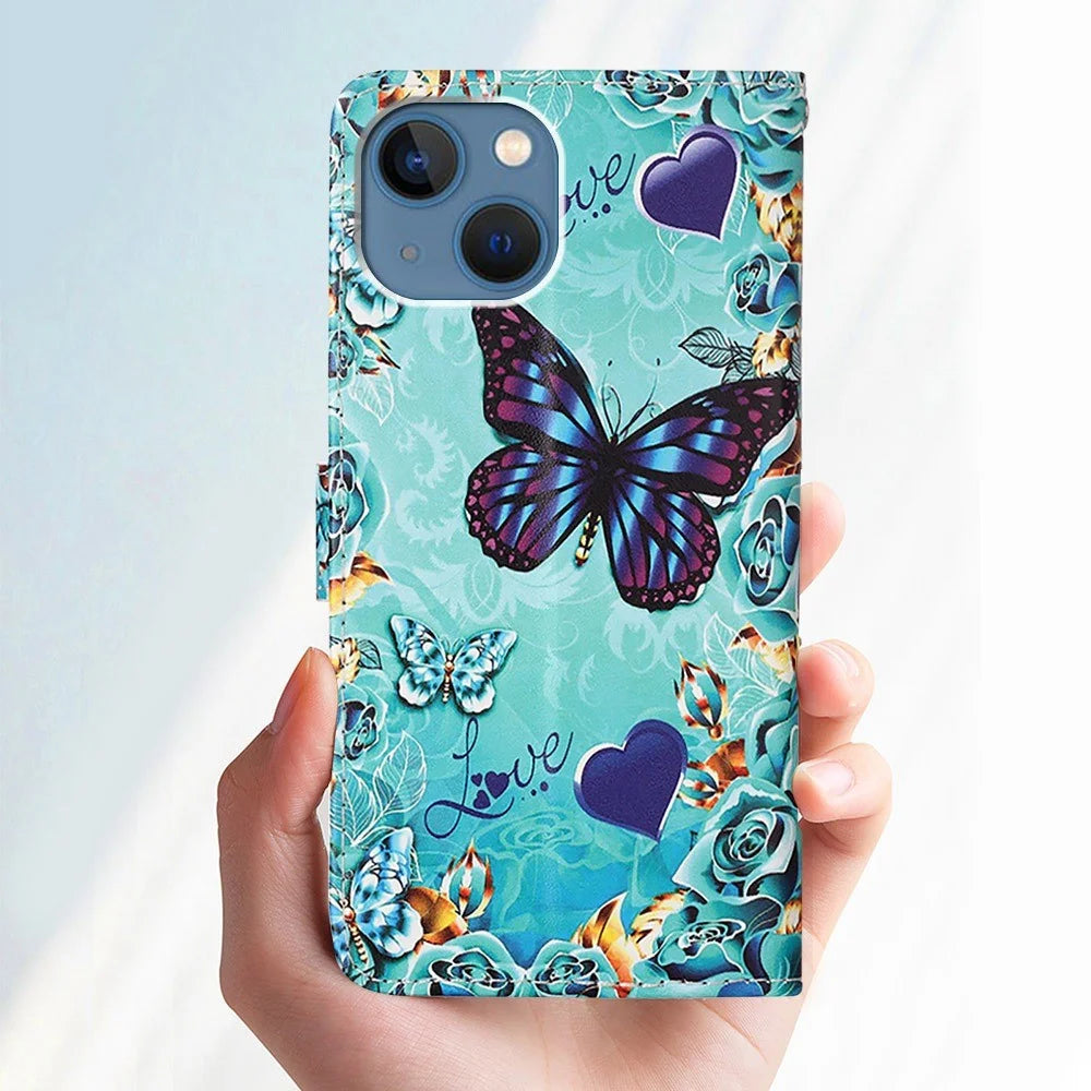 For iPhone 14 Leather Case with Strap and Card Holder Pattern Printing Phone Stand Cover - Mandala Flower - 5