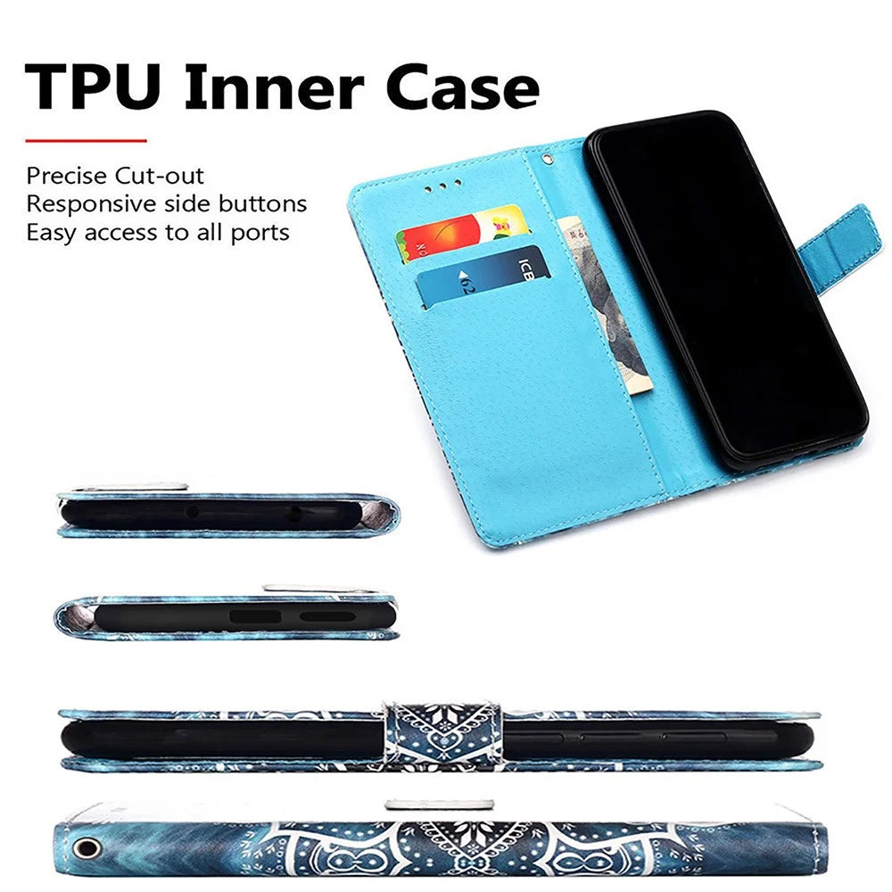 For iPhone 14 Leather Case with Strap and Card Holder Pattern Printing Phone Stand Cover - Mandala Flower - 6